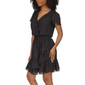 Michael Kors XL Black Metallic Textured Wrap Dress Ruffle Hem Flutter Sleeve